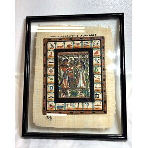 Framed Artwork Hand-Painted Egyptian Papyrus Intricate Hieroglyphics Alphabet